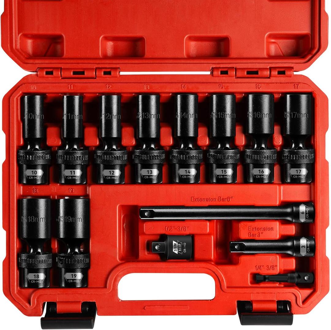 BLACKROBOT 3/8" Drive Swivel Socket Set, 14 Pieces Deep Universal Impact Socket Set, Metric(10-19mm) Flexible Wobble Socket Set, 6 Point, CR-MO, 3", 6" Extension Bars, Socket Adapter