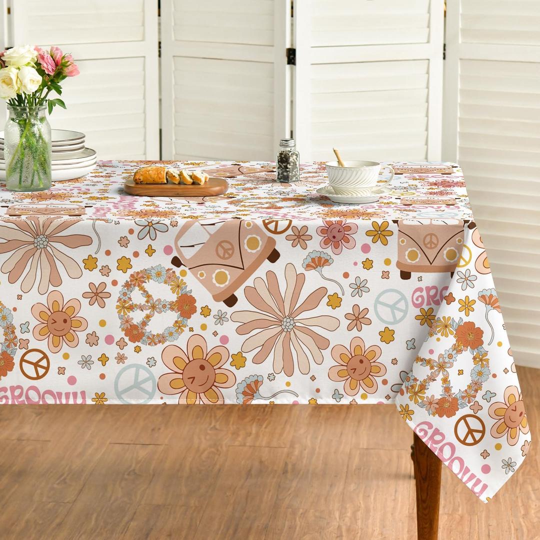 Horaldaily Groovy Retro Boho Tablecloth 60x120 Inch Rectangular, Pink 60s 70s Themed Washable Seasonal Table Cover for Party Picnic Dinner Decor