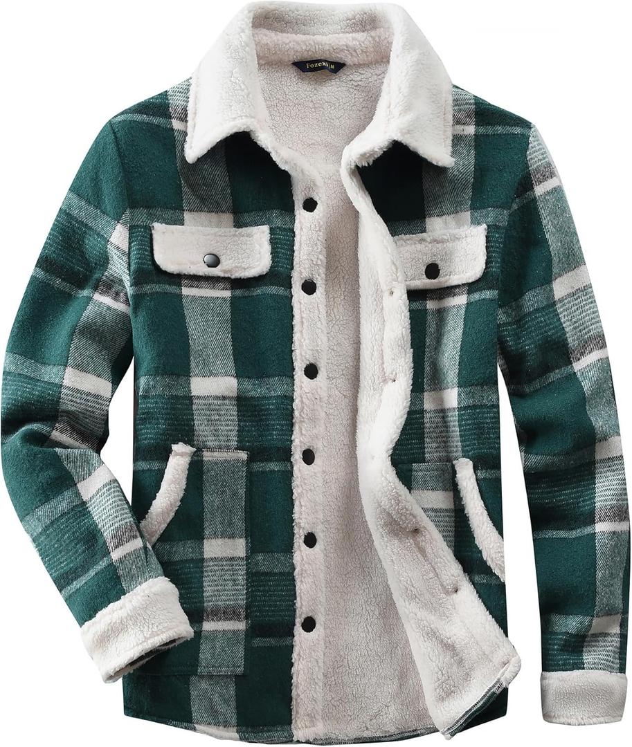 Women's Sherpa Lined Jackets Sherpa Turn-Down Collar Warm Winter Fleece Flannel Jacket for Women Trendy (Large, Emerald)
