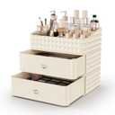 Makeup Organizer for Vanity, Stackable Cosmetics Organizer and Storage, Cosmetic Display Cases with 2 Drawers and 1 Tray for Makeup Brush, Hair Accessories, Lipstick and Jewelry, Beige