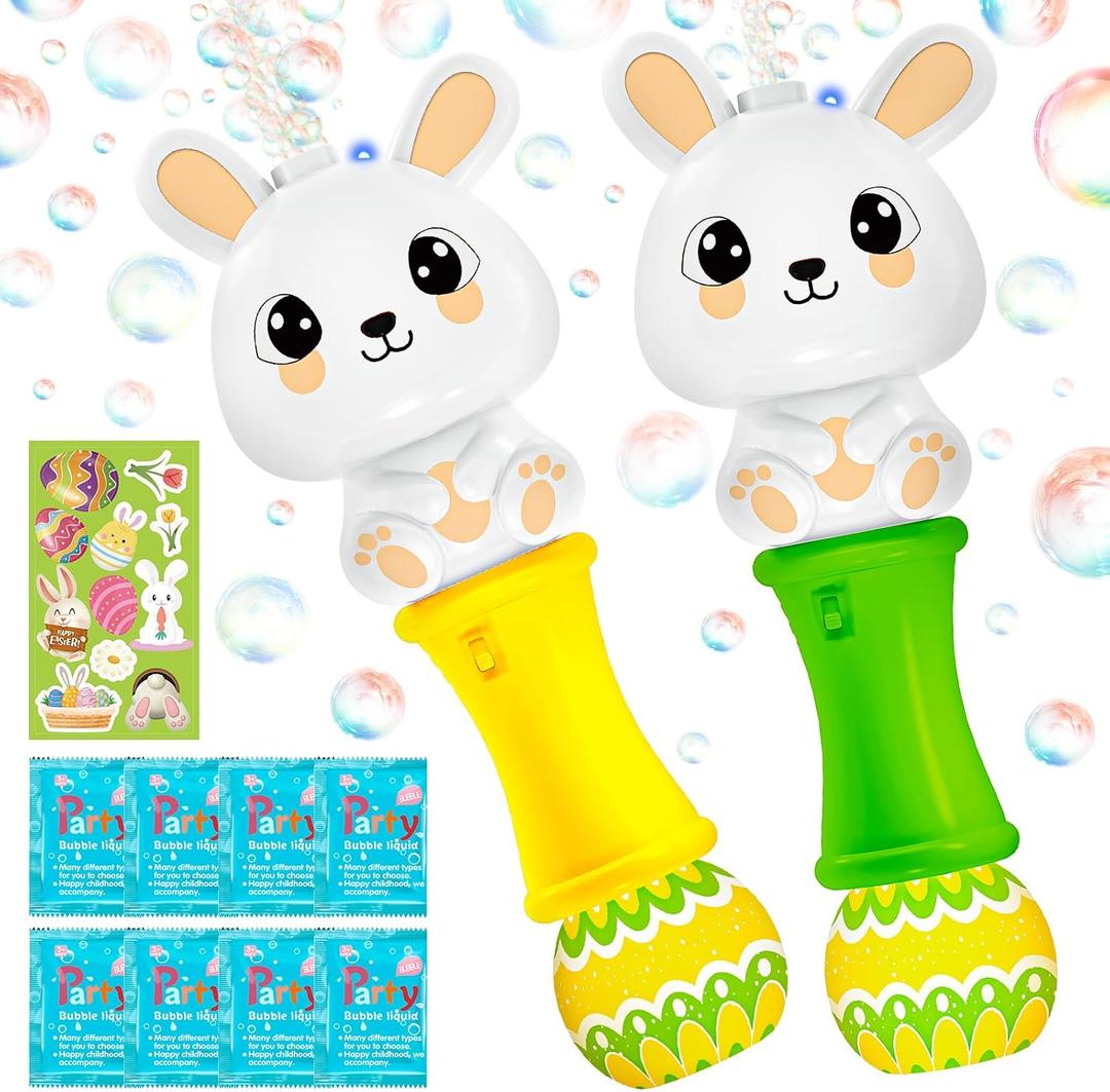Easter Bubble Wands for Kids 2 Pack, Automatic Bubble Blower with Light for Girls Boys, Bubble Toys with Bubble Refill Solution for Easter Party Favor, Easter Basket Stuffers, Outdoor Activity