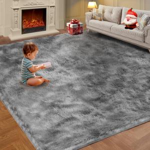 X-Large Modern Shag Area Rugs, 5.3'x7.6' Ultra Soft Fluffy Carpet, Non-Slip Tie-Dyed Floor Carpet for Girls, Kids Room Living Room Bedroom Home Holiday Decor,47 * 79 cinchs/Dark Grey