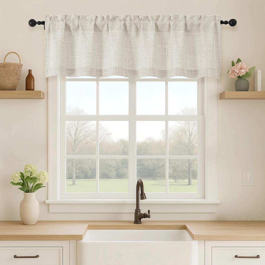 2 x OVZME Natural Valance for Windows, Light Filtering Faux Linen Textured Small Short Valance Kitchen Curtain, Dual Rod Pocket Top Short Window Curtain for Bathroom Basement Farmhouse, 1 Piece, 52Wx14L