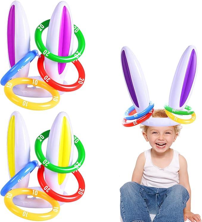 3 Pack Inflatable Easter Bunny Ring Toss Game with ​Score Ring - ​Easter Basket Essential for Kids Indoor Outdoor Rabbit Ears Toss Toy, Family Party Games School Carnival Activities(3 Set & 12 Rings)