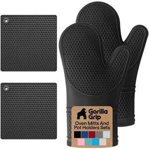 GORILLA GRIP BPA-Free Soft Silicone Oven Mitts and Pot Holders Sets of 4, Heat Resistant Waterproof Cooking Gloves, Thick Cotton Lining, Flexible Gripping for Baking Grilling, Kitchen Trivets, Black