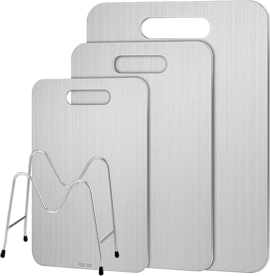 3 Pcs 15.4"x11", 13.4"x9", 11.4"x7.9" Stainless Steel Cutting Board with Holder Dishwasher Safe Chopping Boards Kitchen Double Sided Metal Cutting Board for Meat Fruit Vegetable
