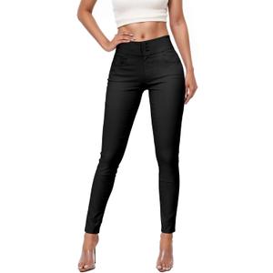 Hybrid & Company Womens Hyper Ultra Stretch Comfy Skinny Leg 3 Button Wide Waist Work Casual Pants (Black)