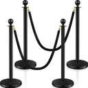 Ferraycle 4 Pcs Stainless Steel Crowd Control Stanchions and Velvet Ropes 5 ft Red Carpet Poles Black Ropes Safety Barriers with Sand Injection Hollow Base for Party Supplies