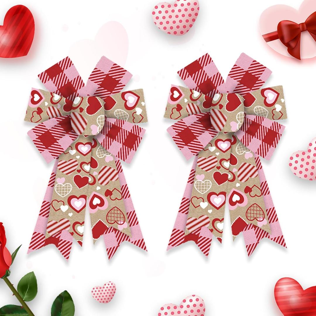 2 Pieces Valentines Bows for Wreath, Valentine's Day Wreath Bows Natural Burlap Bows Heart Craft Bows Ornaments Farmhouse Tree Bows for Front Door Wedding Valentines Decorations