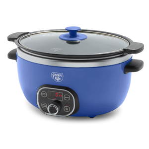 GreenLife 6QT Slow Cooker, Non-Toxic PFAS-Free Ceramic Nonstick Removable Interior Bowl, Programmable, Family Friendly, Keep Warm, Stovetop & Oven Safe, Dishwasher Safe Crock, Timer, Glass Lid, Blue