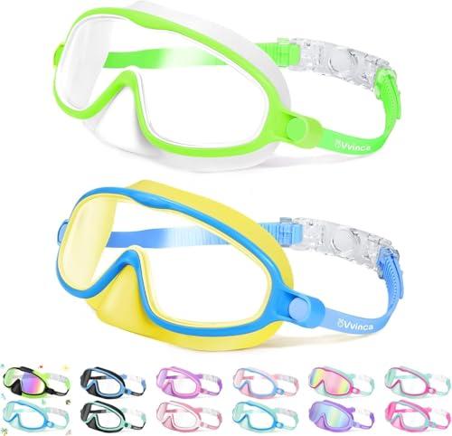 Vvinca 2 Pcs Kids-Swim-Goggles with Nose Cover, Swimming Diving Mask Wide View Anti Fog UV Anti Shattered Lens for Kids 3-5, Pink and Lake Blue