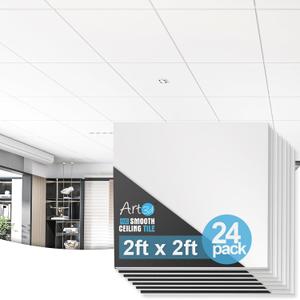 Art3d PVC Drop Ceiling Tiles in White - 24x24in, Waterproof Smooth Tiles Cover 96 Sq. Ft, No Sag and Breakage, 24-Pack