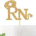 RN Cake Topper, Congrats Grad Nurse Cake Decor, 2025 Nursing School Graduation Party Decorations Supplies,Gold Glitter, Set Of 3
