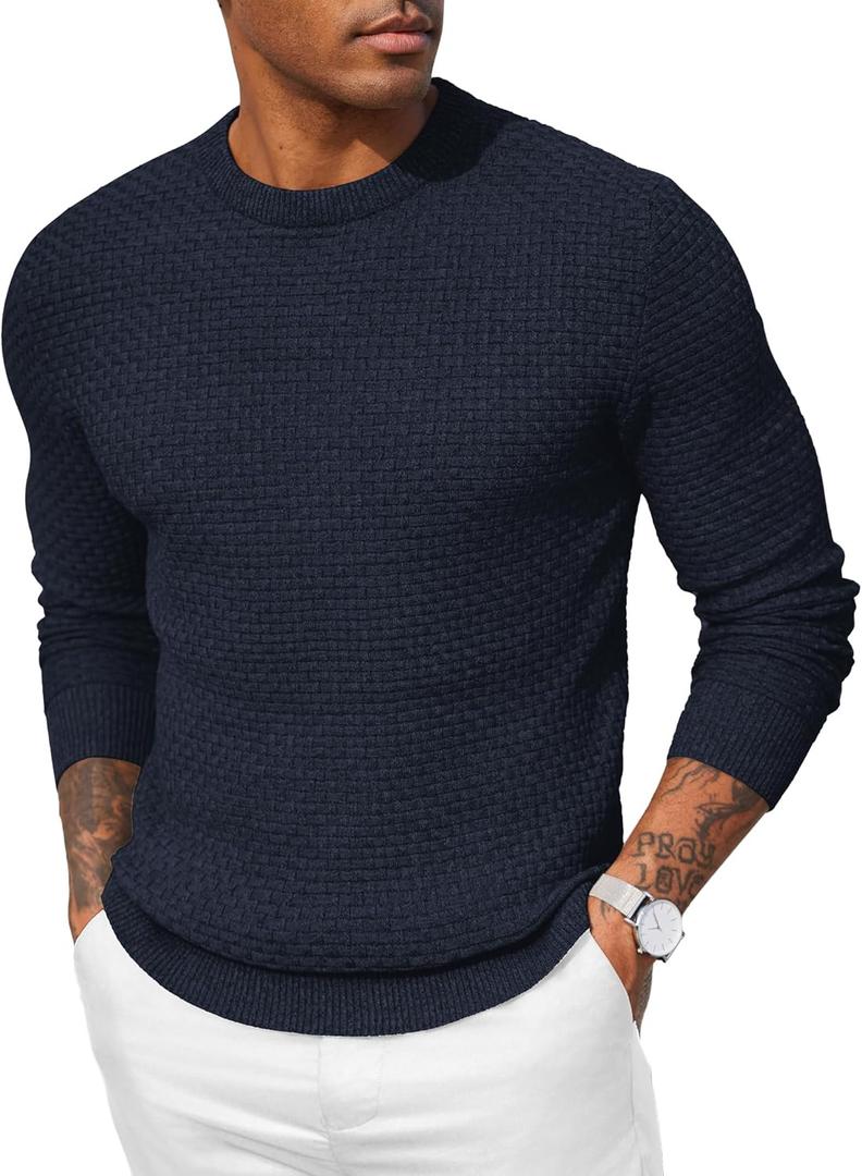 COOFANDY Men Dress Crewneck Sweater Pullover Knit Long Sleeve Casual Slim Fit Sweater (Small, Navy Blue)