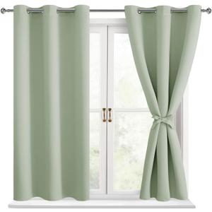 Hiasan Short Blackout Curtains for Bedroom - Thermal Insulated & Light Blocking Window Curtains for Living Room/Kids Room, 2 Drape Panels Sewn with Tiebacks, Seafoam Green, 42 x 45 Inch