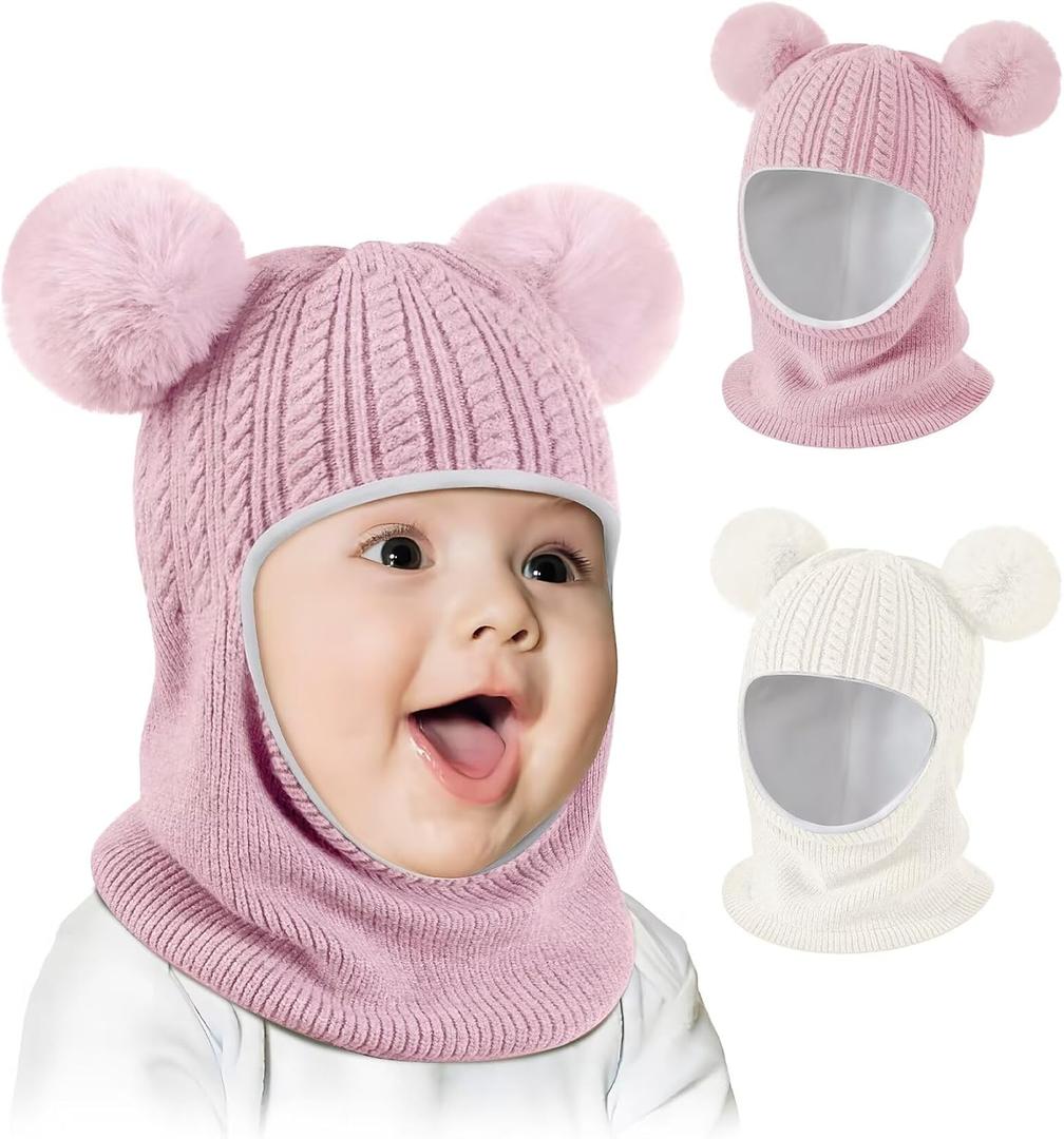 Baby Winter Hat Scarf Set 2 Pack, Toddler Beanie Hats Girl Boy with Neck Warmer, Beanie for Kids Knit Warm for Cold Weather (6-36 Months, Pink&white)