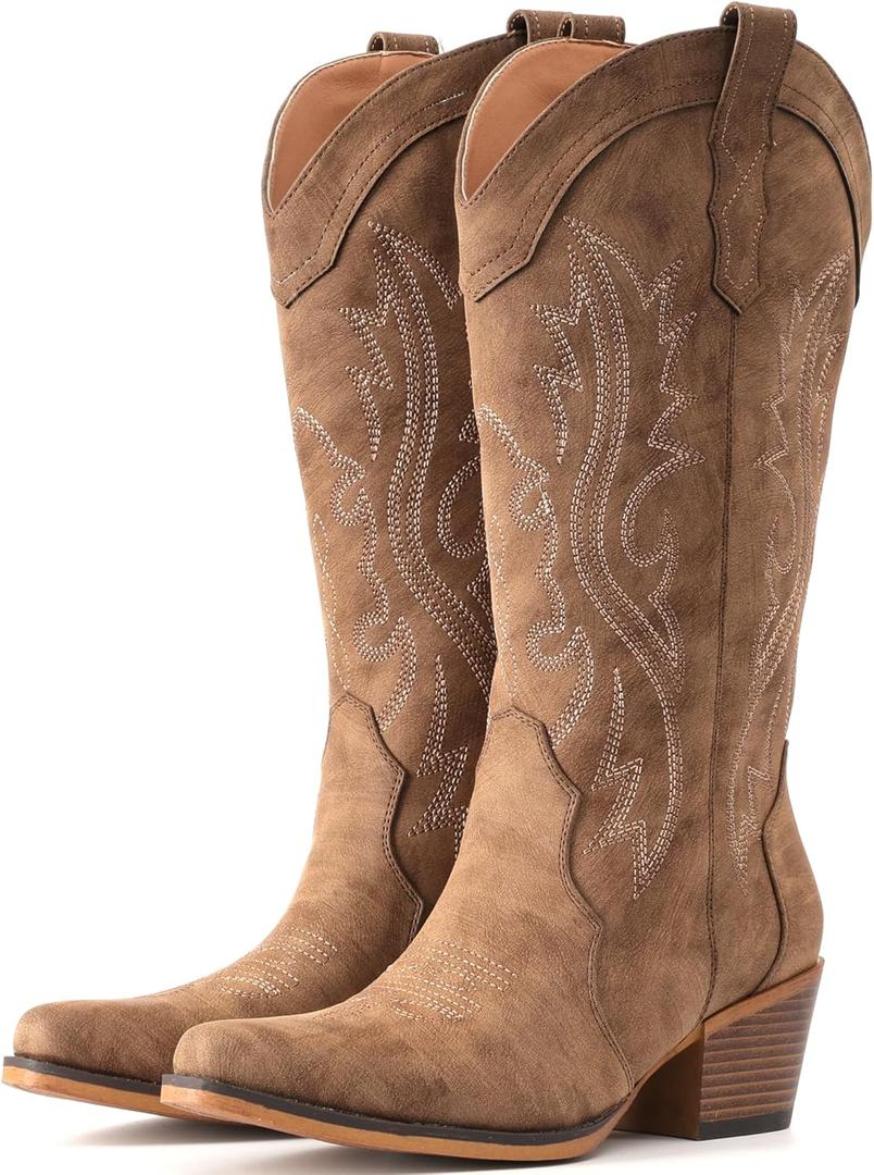 IUV Cowboy Boots For Women Western Cowgirl Boots with Chunky Heel Mid Calf Snip Toe Ideal for low insteps (7, Brown)