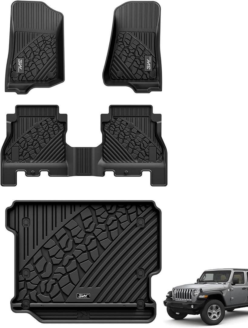 3W Floor Mats&Cargo Liner Fit for Jeep Wrangler JL 2018-2025 2026 Unlimited 4-Door Sahara Willys Rubicon Without Subwoofer (Non JK or 4XE) All-Weather TPE Floor Liner and Trunk Full Set Car Mats