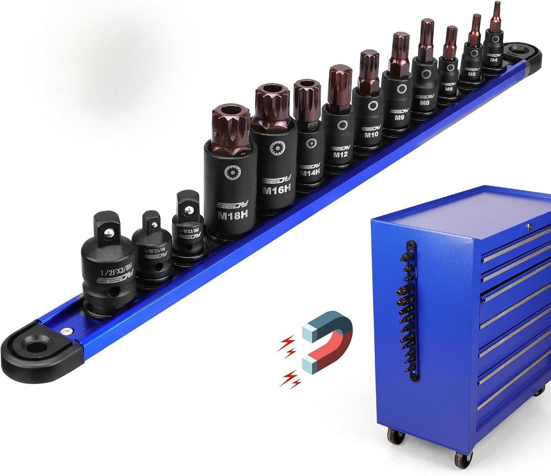 Triple-Square Spline Bit Socket Set: 13-Piece Socket Set with Magnetic Socket Rail Organizer, 1/4,3/8,1/2-inch Drive M4-M18 12 Point Bit Socket Set for Garages Workshops