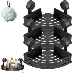 Triangle Suction Cup Shower Caddy, No-Drill Bathroom Suction Storage Box, ABS and Heightened Design, Corner Shower Caddy Suction Cup for Kitchen and Bathroom (3Pcs Abs Black)