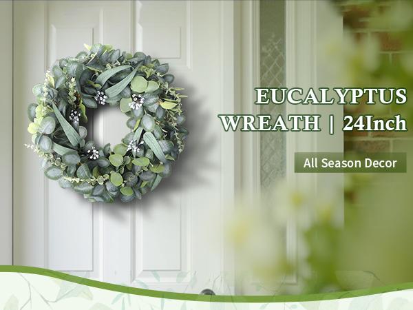 24 Inch Winter Wreath for Front Door, Out Door Eucalyptus Greenery Wreath with Berries, Outdoor Green Eucalyptus Decor for Farmhouse Home