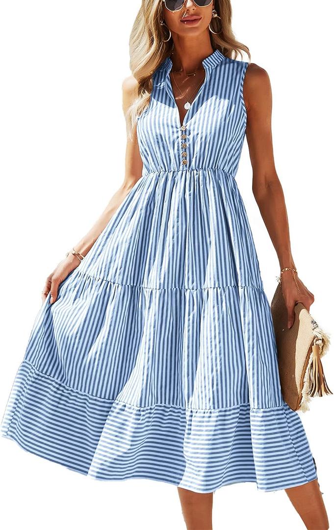 BROVAVE Womens 2026 Summer Sleeveless Shirt Dress Collar Striped V Neck Casual Midi Dresses (Blue, XL)
