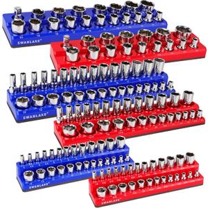 Magnetic Socket Organizer Set, 6PCS Socket Holder, 1/4", 3/8", 1/2" Sockets Holds 143 Pieces Magnetic Sockets Trays (Blue&red, 6 Pcs)