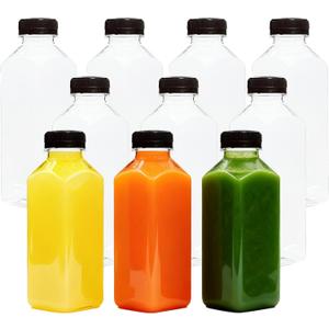 16oz 10pcs Empty Plastic Juice Bottles with Caps,Juice Containers for Juice, Milk and Other Beverages,Clear Juicing Bottles for Food Grade.