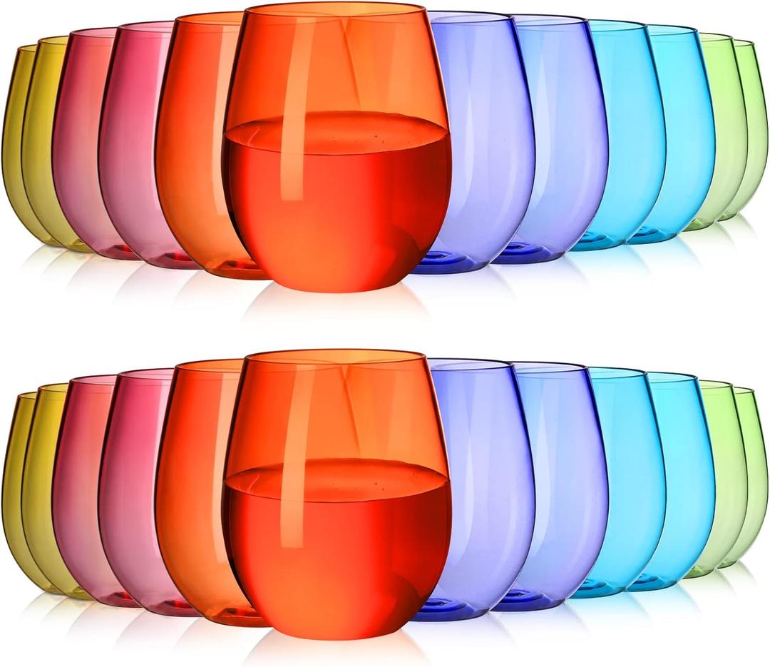 Plastic Stemless Wine Glasses, All Purpose Arcylic Glasses, set of 24 Multicolor Reusable Shatter-resistant Dishwasher Safe