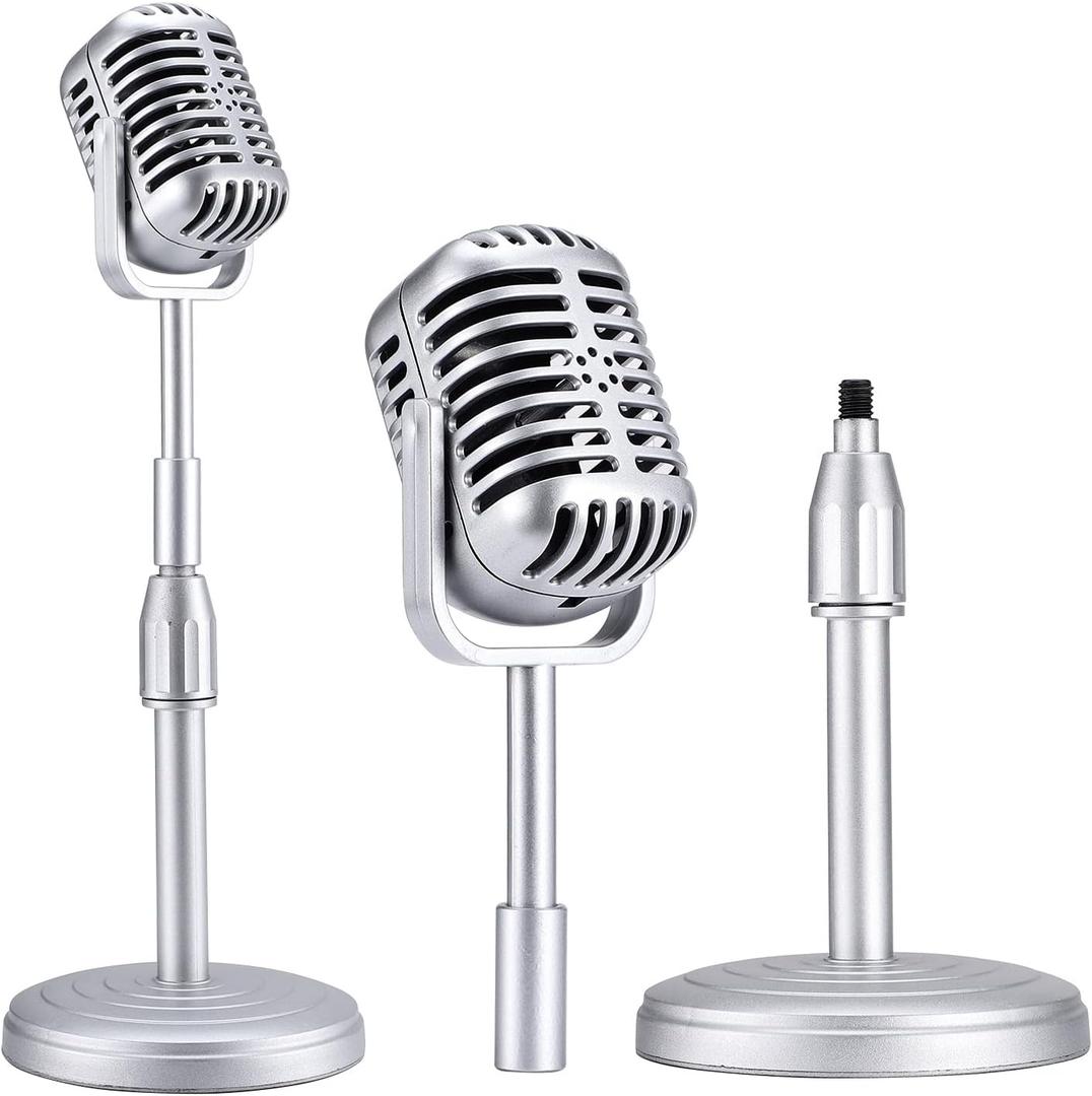 Facmogu Vintage Desktop Microphone Prop Model with Adjustable Stand, Classic Retro Style Microphone Prop Decor for Party Decoration Costume Role Play & Game Night - Silver