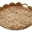 Extra Large Round Ottoman Table Tray 19.7" with Handles - Handmade Wicker Serving Hand Woven Tray for Farmhouse Decorative Oversized Coffee Table Trays Living Room Kitchen Counter Breakfast Scalloped