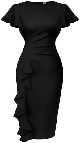 Memoriesea Women's Vintage Church Ruffle Sleeve Ruched Bodycon Work Midi Pencil Dress, L