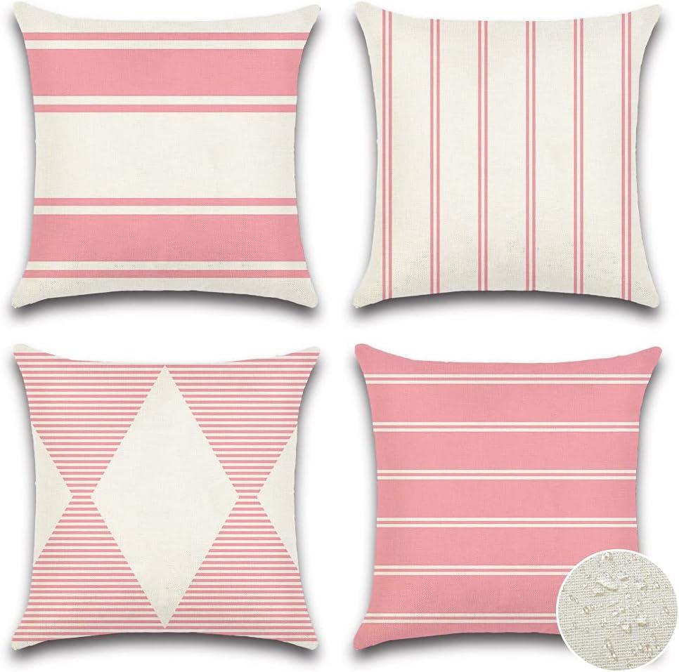 OTOSTAR Outdoor Waterproof Pillow Covers 18x18 Inch Geometry Decorative Throw Pillow Cases Square Modern Cushion Case Garden Throw Pillow Covers Pack of 4 Pillow Shell for Patio Furniture Couch (Pink)