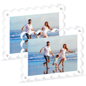 2Pack Acrylic Magnetic Photo Frame 5x7 Inch - Sleek Scalloped Design, 10+10mm Thick Crystal Clear Block, Freestanding Double-Sided Magnet |Trendy Home Gift (2 Pack, 5X7)