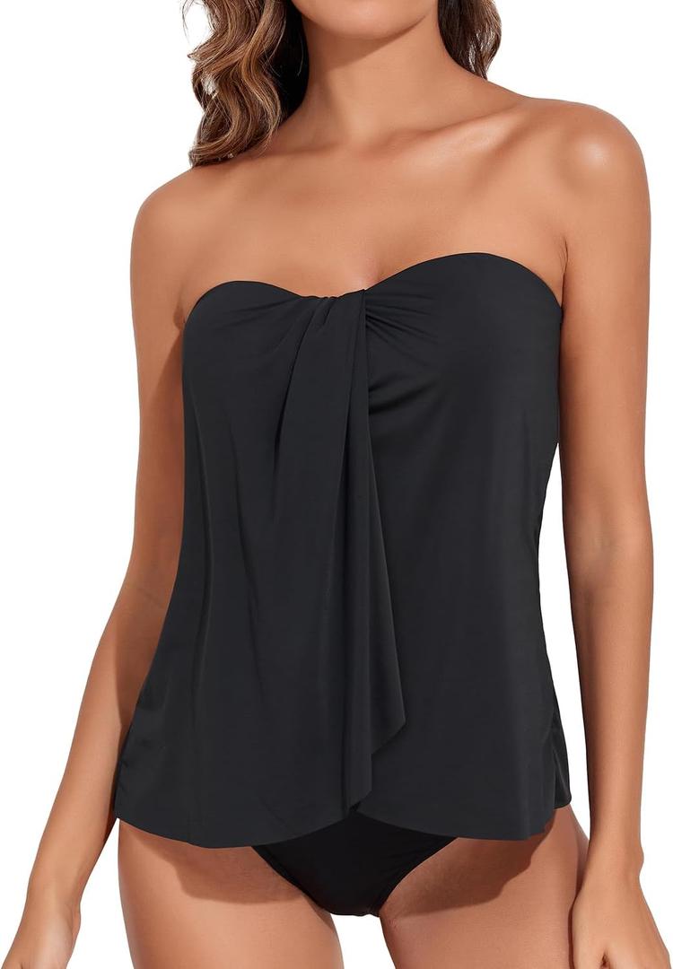Tempt Me Two Piece Tankini Bathing Suits for Women Halter Bandeau Swim Top with Bottom Flyaway Tummy Control Swimsuit (X-Large, Black)