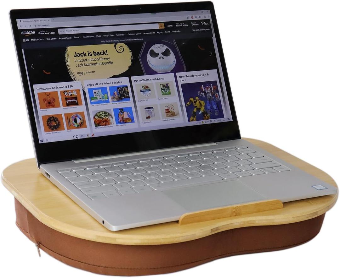 Lap Desk for Laptop with Cushion-Fits up to 15 inch, Bamboo Computer Laptop Stand with Phone Hoder, Anti-Slip Stopper (Small)
