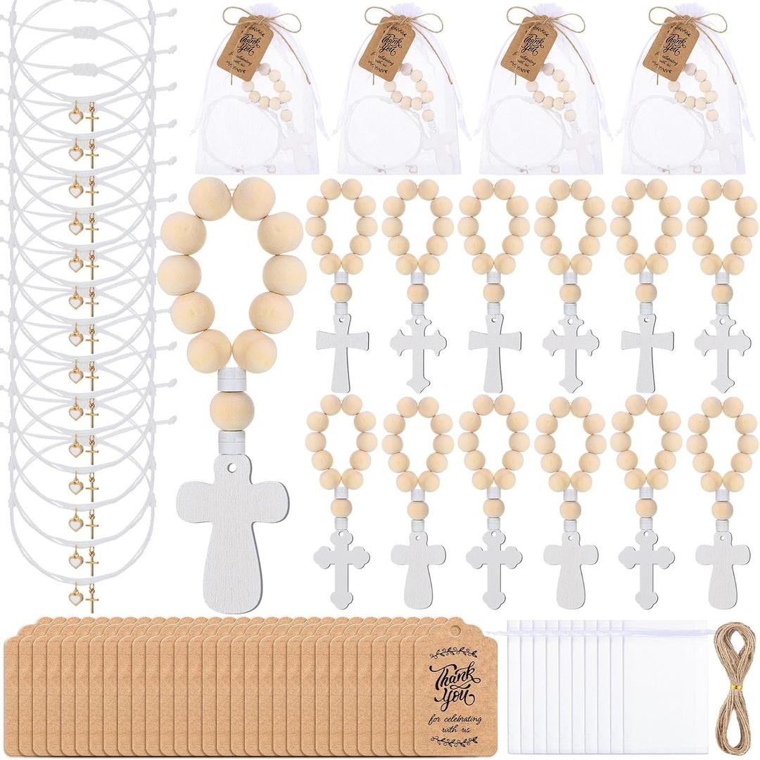 Supervitae 60 Pcs Easter Baptism Favors for Guests First Communion Gifts Include Adjustable Cross Heart Bracelet Wooden Rosary Thank You Card and White Mesh Bag for Christening Decorations Baby Shower