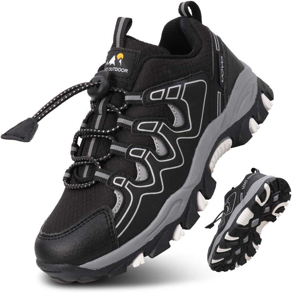 Eggseed Boys Kids Hiking Trail Shoes Waterproof Slip Resistant Outdoor Trekking Walking Running Sneakers, Black Silver, 4.5 US Big Kid