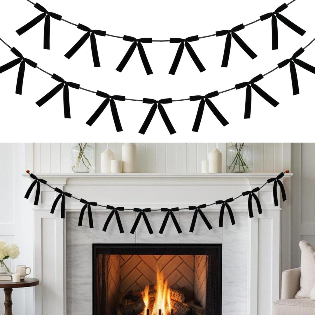 10ft Christmas Velvet Bow Garland Banner with 13 Pieces 5 x 7 Inches Craft Bows Vintage Ornaments for Xmas Tree Decoration Fireplace Staircase Wedding Party Decor (Black)
