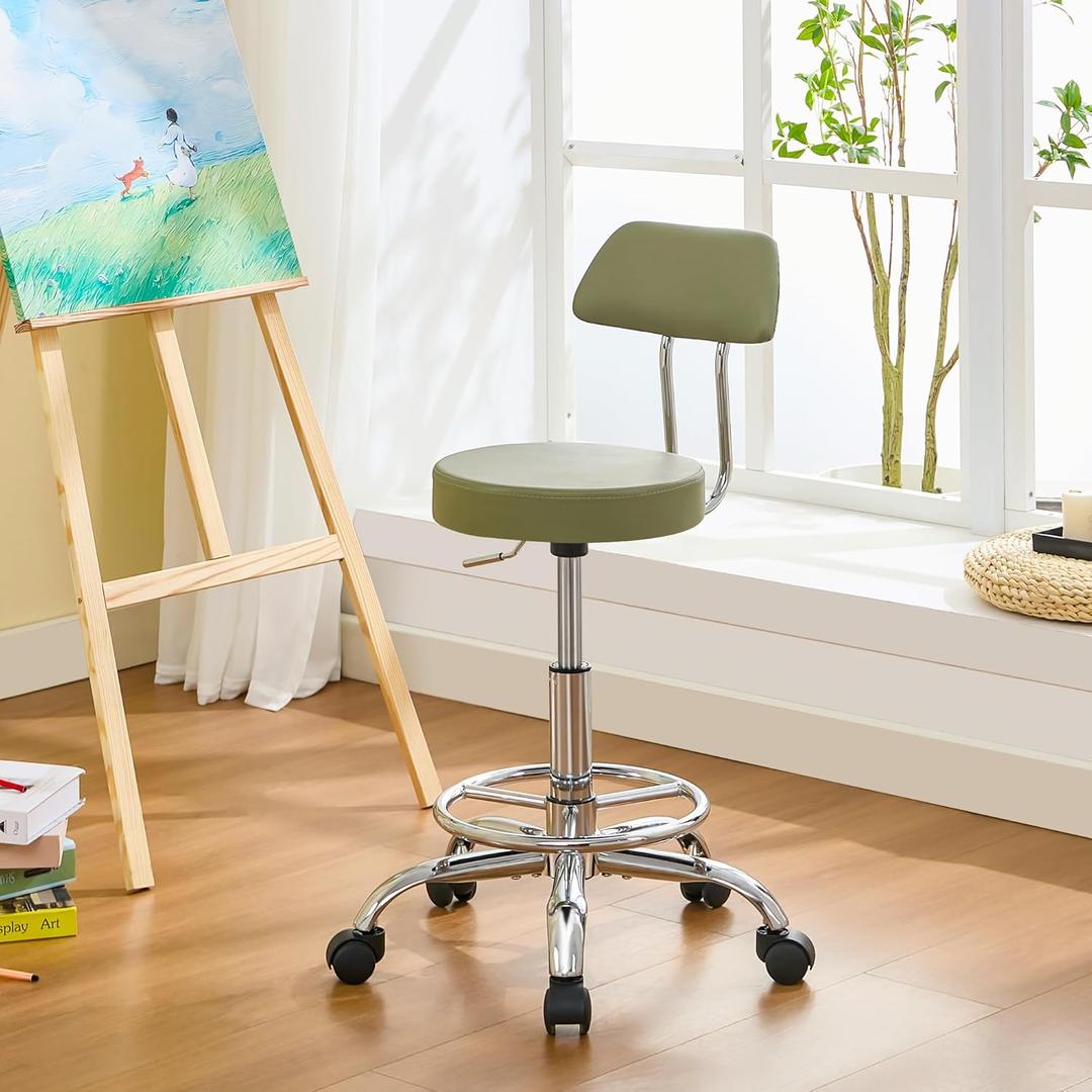 FIRAVOE Height Adjustable Stool 19.5"-26.6", Rolling Chair with Back and Footrest, Green Esthetician Stool Ergonomic (Green)