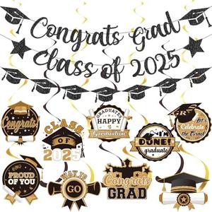 Glitter Black Congrats Grad Banner Class of 2025 Banner Graduation Party Decorations Graduation Decorations Class of 2025 Congrats Decorations for Class of 2025 Decorations