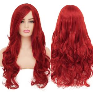 Womens Long Curly Wavy Red Wig Body Wave Side Part Synthetic Hair Full Wig for Daily Party Cosplay Halloween