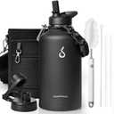 64 oz Insulated Water Bottle with Straw Lid and Spout Cap, Half Gallon Stainless Steel Water Flask with Carrying Pouch, Keep Cold for 48 Hrs Hot for 24 Hrs Water Thermo Canteen, Black