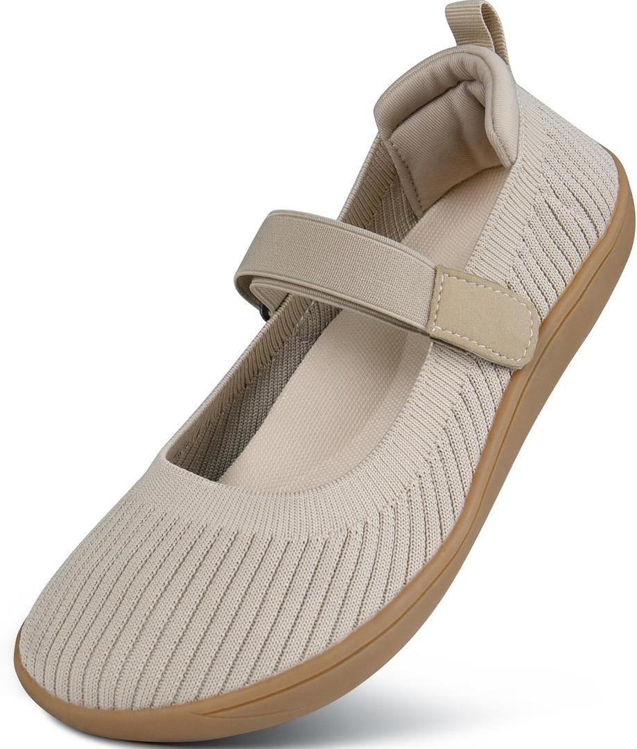 Women's Barefoot Mary Jane Flats - Wide Toe Box & Round Toe Knit Ballet Flat Shoes, Comfortable Dressy Casual Office Shoes (Beige, M)