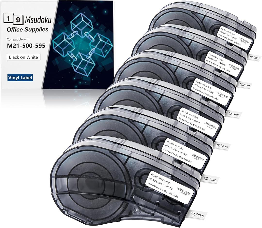 6 Pack Black on White Tape 1/2'' Vinyl Label Compatible for M21-500-595-WT M21-500-595 Label Cartridge, 0.5" W x 21' L for Indoor and Outdoor ID, Not Compatible with M210 and M211