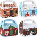 Patimate 24pcs Christmas Cookie Boxes for Gift Giving, 4 Style 3D Xmas House Cardboard Treat Boxes with Handles for Christmas Goodie Candy Holiday Party Favor Supplies