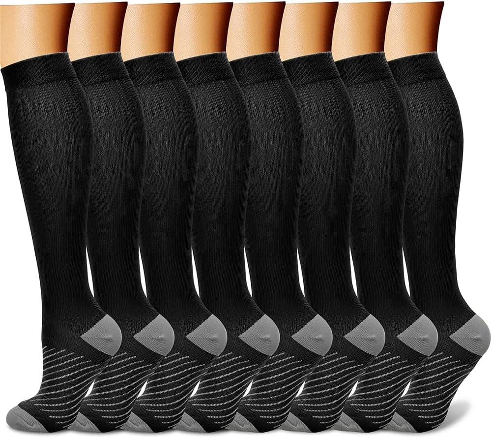 CHARMKING Compression Socks for Women & Men Circulation (8 Pairs) 15-20 mmHg is Best Support for Athletic Running,Cycling (Large-X-Large, 11 Black/Black/Black/Black/Grey)