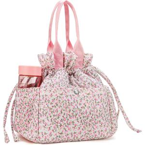 Yarnic Lunch Bag Women Insulated Lunch Bags,Cute Floral Reusable Lunch Box Stain-Resistant Lunchbox with Water Bottle Holder for Adult (Pink Flower)