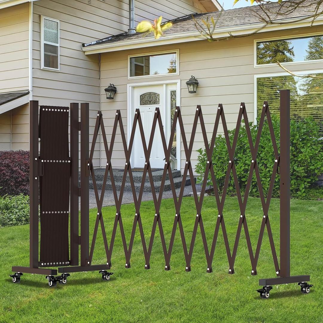 TSAYAWA Retractable Fence Outdoor, 213" Wide Expandable Driveway Gate for Dogs, Aluminum Portable Safety Gates for Backyard, Garage, 18 Feet Temporary Fences with Casters, Rotatable, Brown