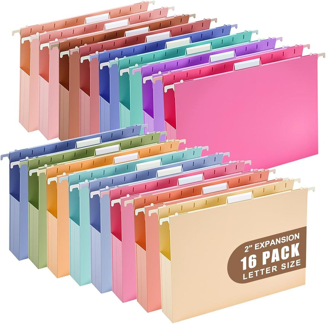 16 Pack Extra Capacity Plastic Hanging File Folders Letter Size Heavy Duty 2 Inch Expansion Reinforced Hang Folder with 1/5-cut Tabs Filing Cabinet Folders for Office Home (Multicolor)